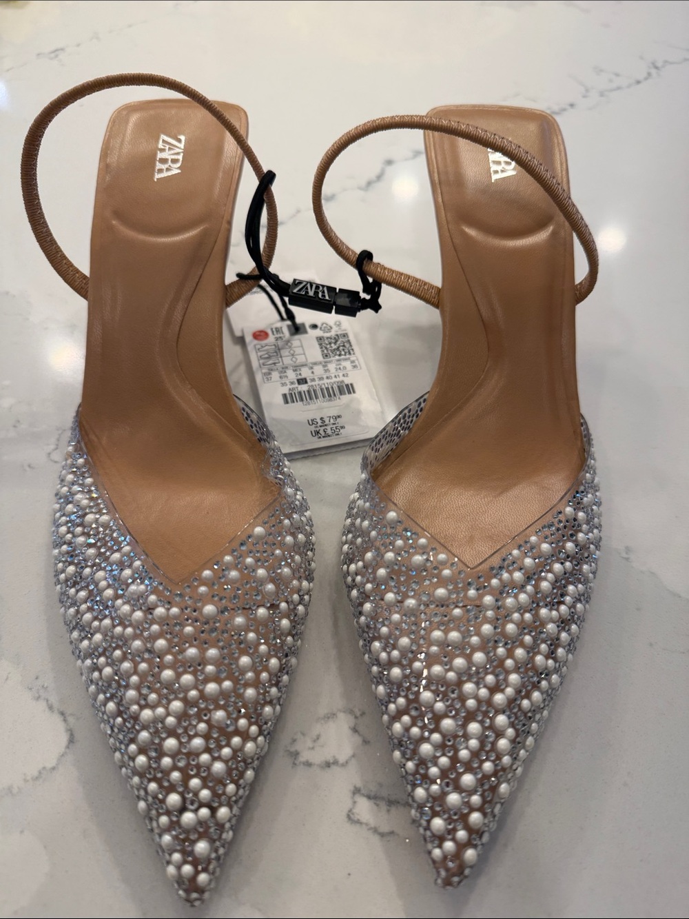 Zara Nude Pearl & Crystal Pointed Slingback Heels